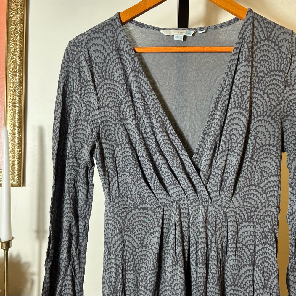 Boden Jersey Knit Dress Stretch Midi V-Neck 3/4 Sleeve‎ Gray Printed Size 6